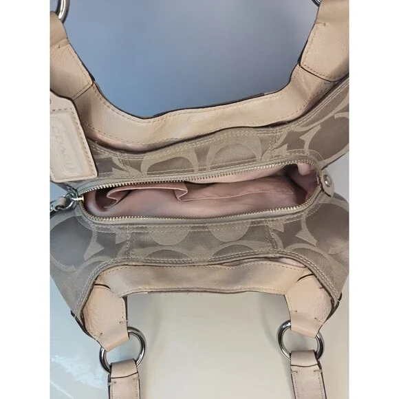 Coach Signature F20032 Biege Patchwork Leather INLD PWK HOBO Silvertone Hrdw - Picture 3 of 15